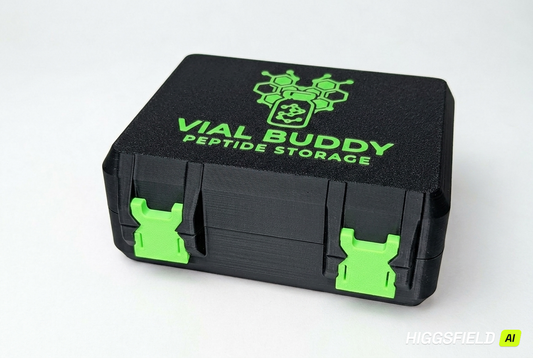 Black and green 3D printed combo storage box for TRT and peptide vials — The Warrior by Vial Buddy