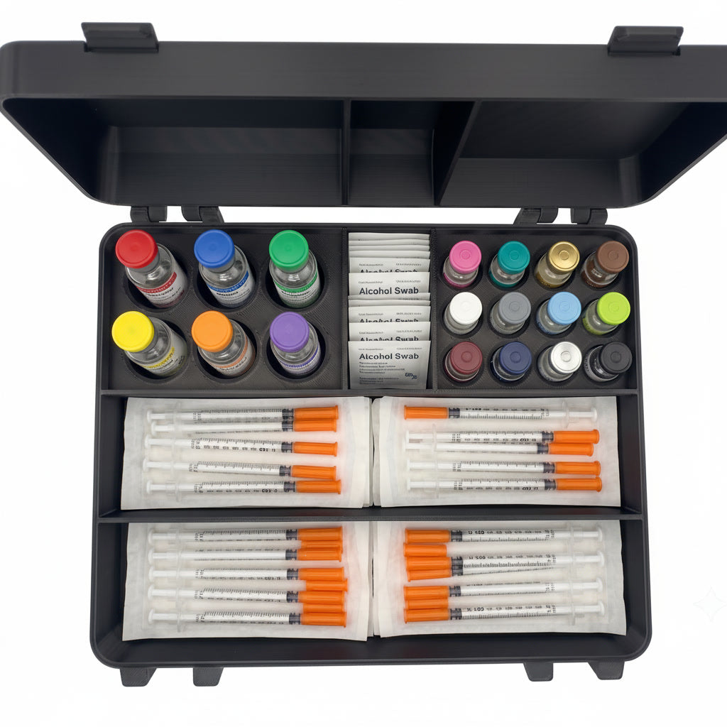 The Armoury vial and syringe storage case, open, showing organised vial slots