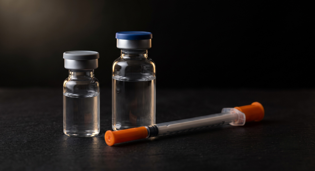 Peptide vials and insulin syringe on dark surface — how to reconstitute peptides guide by Vial Buddy