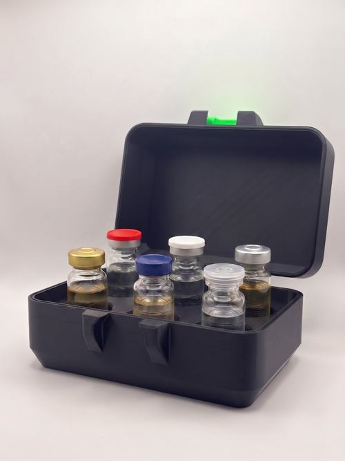Black and green 3D printed 10ml vial holder loaded with peptide vials — The Keeper XL by Vial Buddy