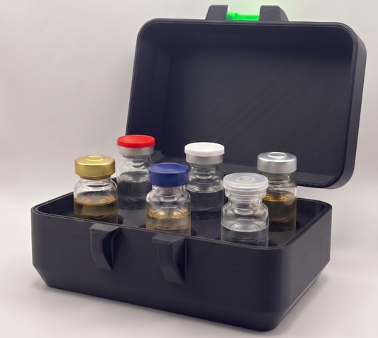 Black and green 3D printed 10ml vial holder loaded with peptide vials — The Keeper XL by Vial Buddy