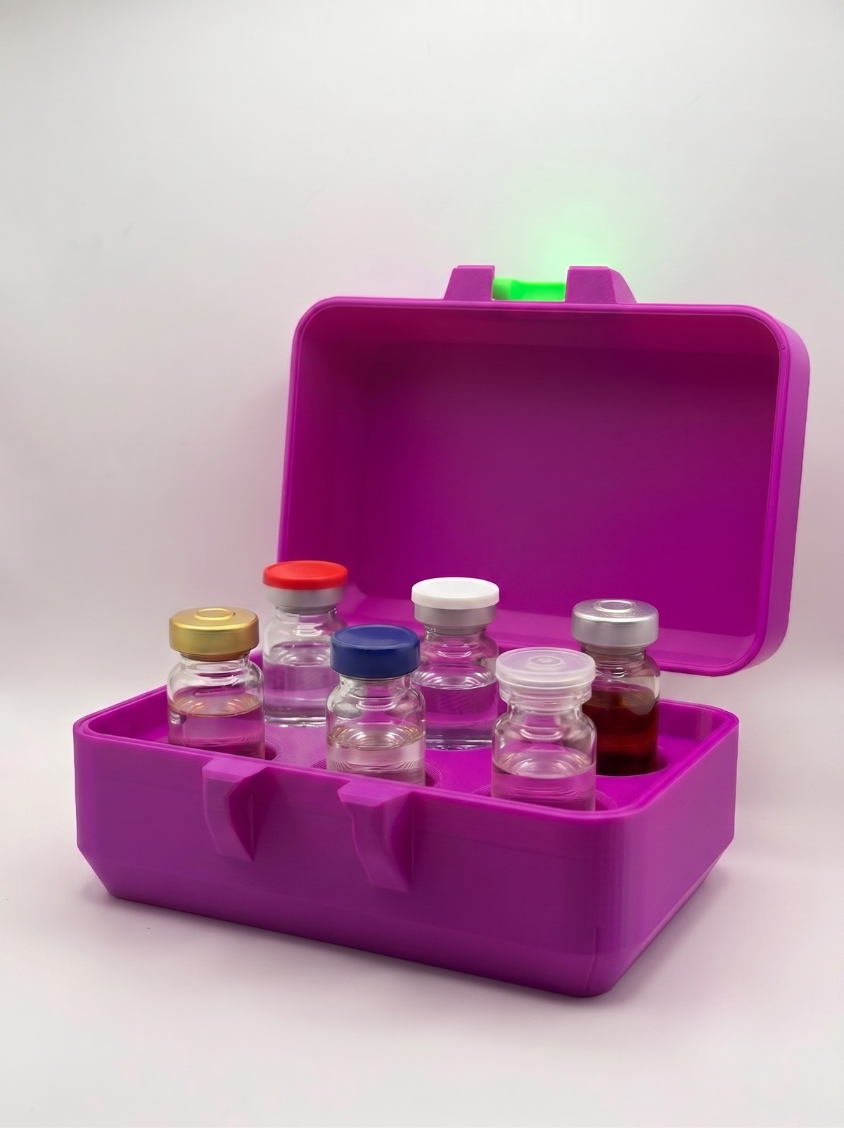 Purple and green 3D printed 10ml vial holder loaded with peptide vials — The Keeper XL by Vial Buddy
