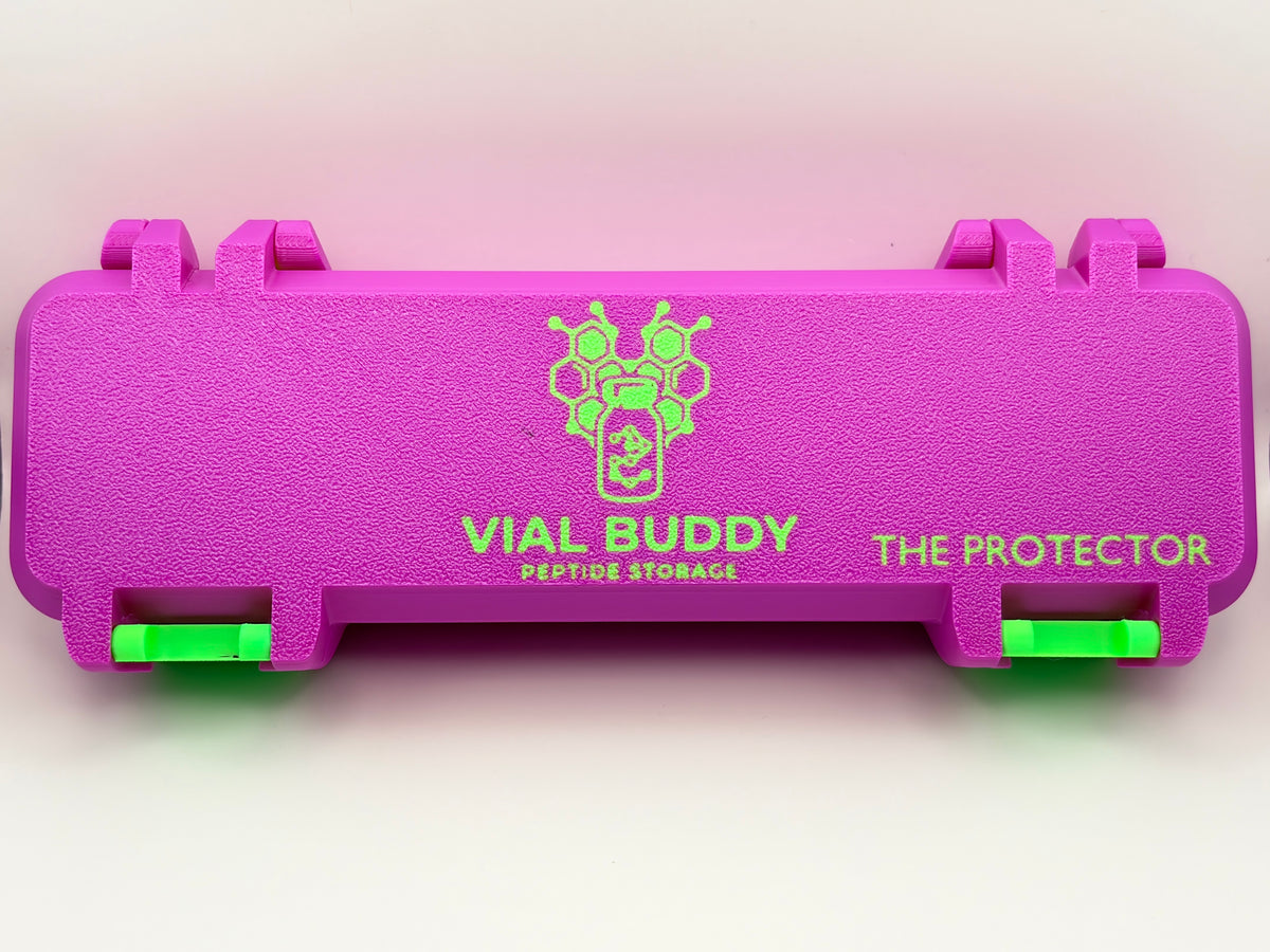 purple and green 3d printed syringe carrying holder storage case for insulin and peptide pens and your syringes