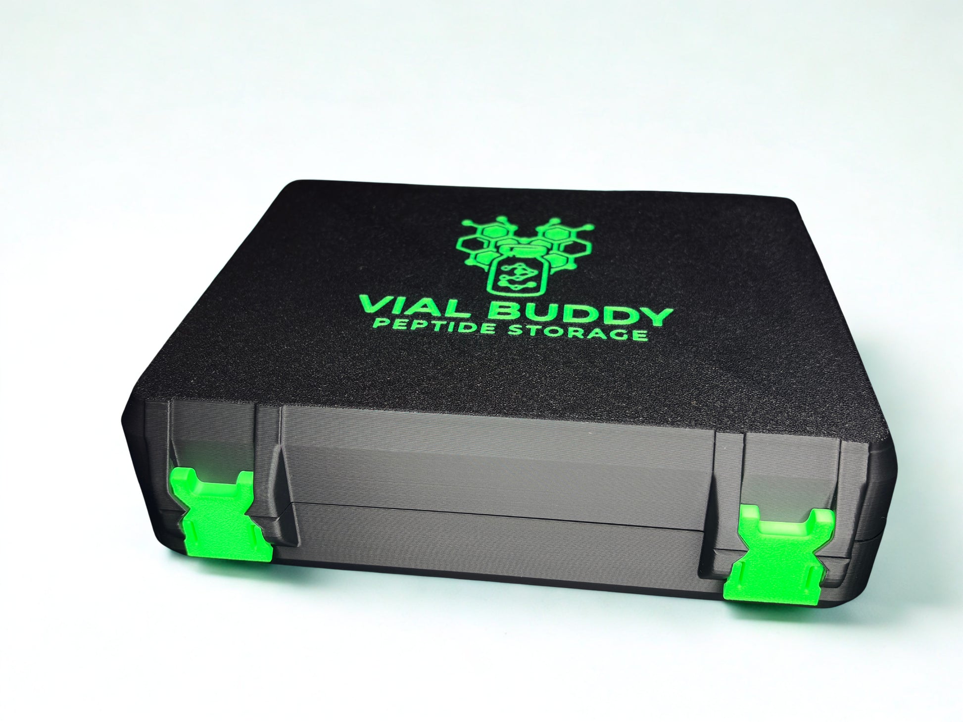 Black and green 3D printed large combo storage box for TRT and peptide vials — The Armoury by Vial Buddy