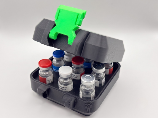 Black and green 3D printed 3ml vial holder loaded with peptide vials — The Keeper by Vial Buddy
