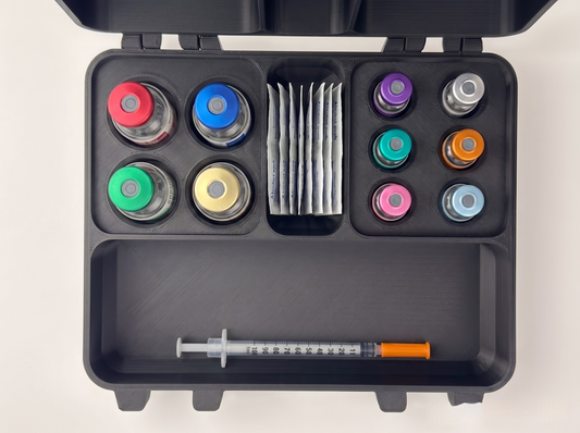Black and green 3D printed medium combo storage box loaded with peptide vials and syringes — The Warrior by Vial Buddy