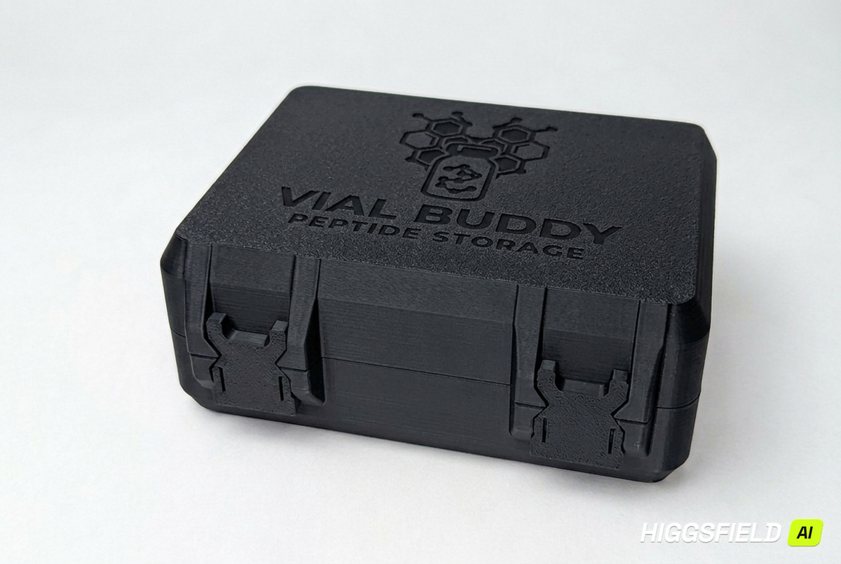 Onyx black 3D printed combo storage box for TRT and peptide vials — The Warrior by Vial Buddy