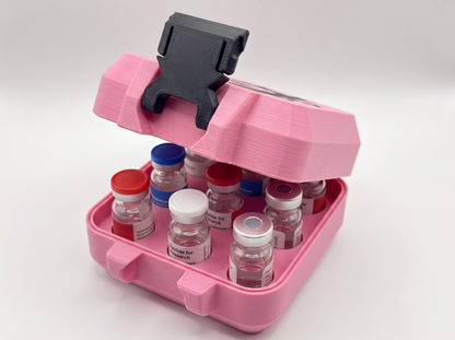 Pink and black 3D printed 3ml vial holder loaded with peptide vials — The Keeper by Vial Buddy