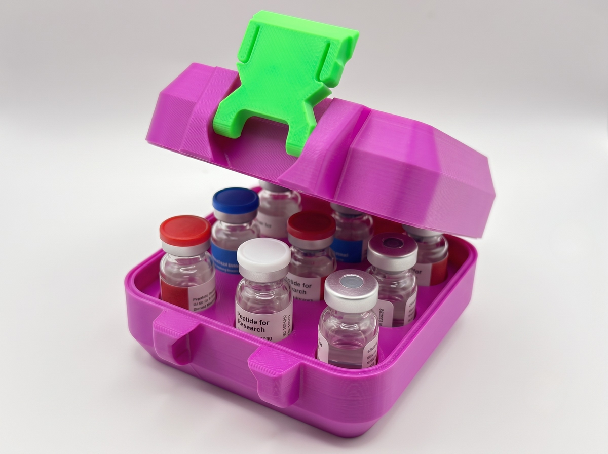 Purple and green 3D printed 3ml vial holder loaded with peptide vials — The Keeper by Vial Buddy