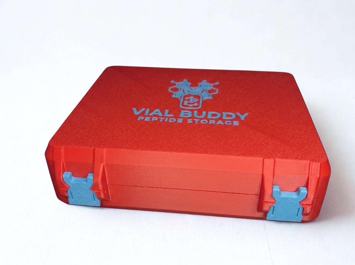 Red and blue 3D printed large combo storage box for TRT and peptide vials — The Armoury by Vial Buddy