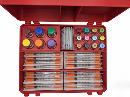 Red and blue 3D printed large combo storage box loaded with peptide vials and syringes — The Armoury by Vial Buddy