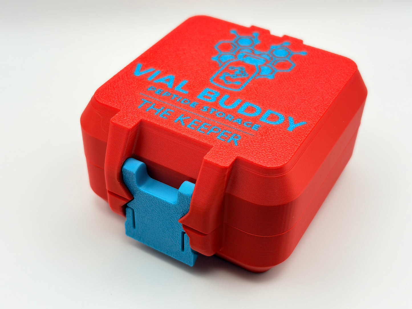 red and blue 3D printed 3ml vial holder for peptide storage south africa