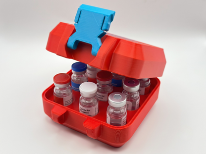 Red and blue 3D printed 3ml vial holder loaded with peptide vials — The Keeper by Vial Buddy