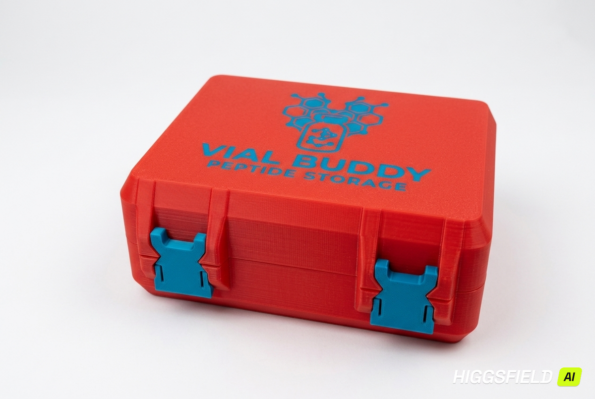 Red and blue 3D printed combo storage box for TRT and peptide vials — The Warrior by Vial Buddy