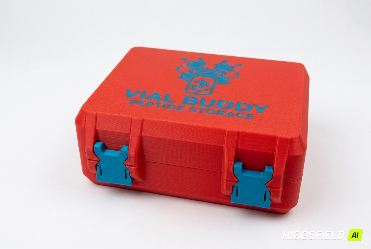 Red and blue 3D printed combo storage box for TRT and peptide vials — The Warrior by Vial Buddy