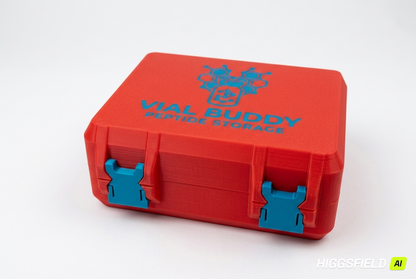 Red and blue 3D printed combo storage box for TRT and peptide vials — The Warrior by Vial Buddy