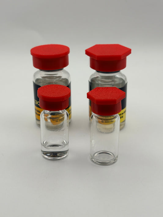 Red TPU vial cap fitted on a 10ml vial, [round/hexagon] shape — Vial Cap by Vial Buddy