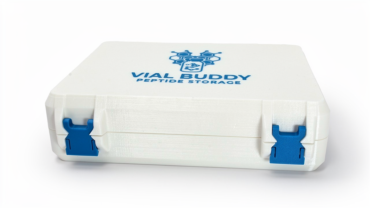 White and blue 3D printed large combo storage box for TRT and peptide vials — The Armoury by Vial Buddy