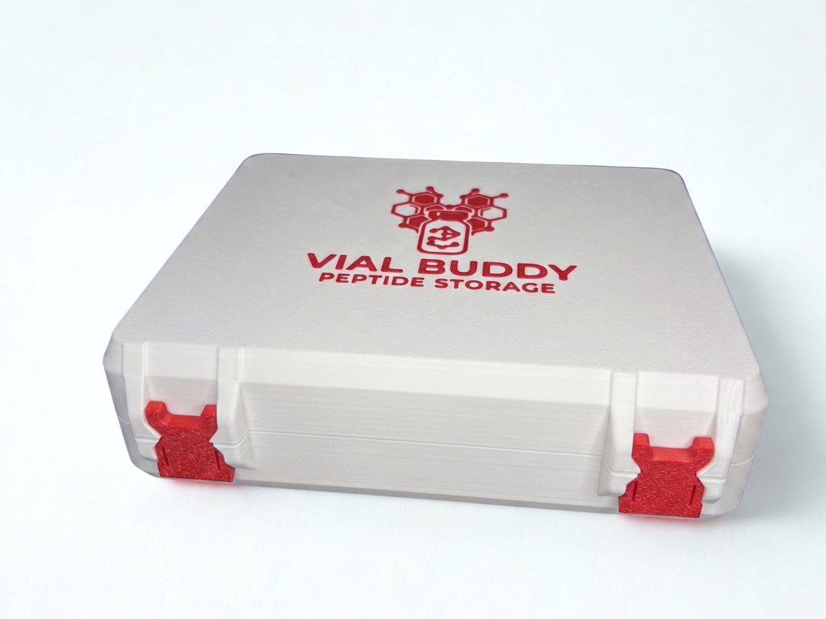White and red 3D printed large combo storage box for TRT and peptide vials — The Armoury by Vial Buddy