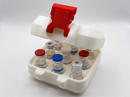 White and red 3D printed 3ml vial holder loaded with peptide vials — The Keeper by Vial Buddy