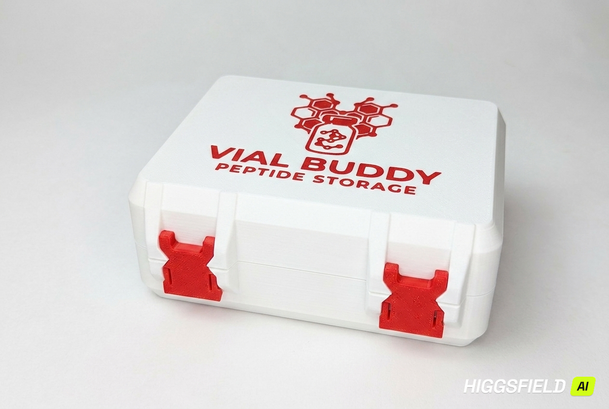 White and red 3D printed combo storage box for TRT and peptide vials — The Warrior by Vial Buddy