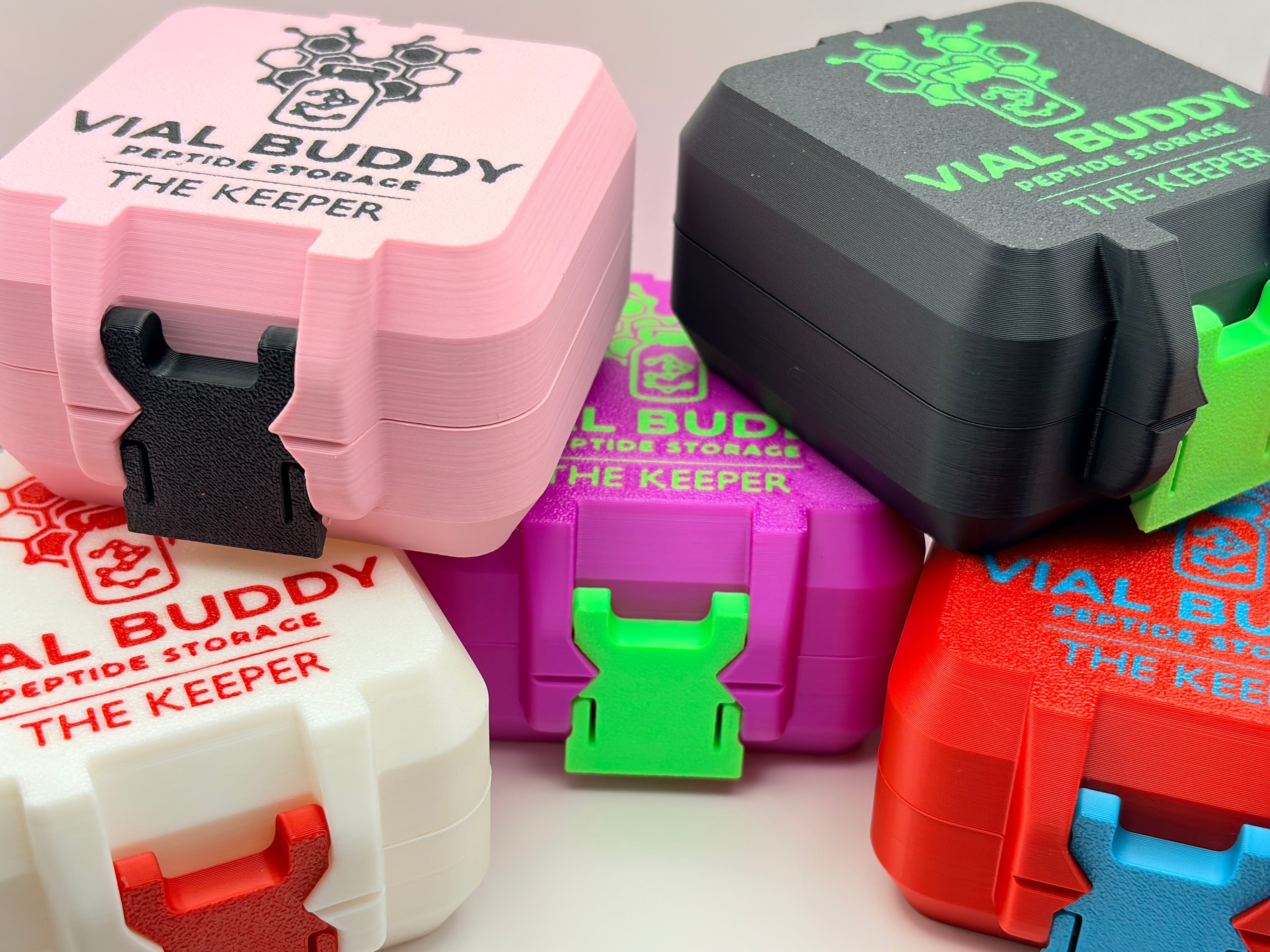 Close-up detail of Vial Buddy 3D-printed case construction