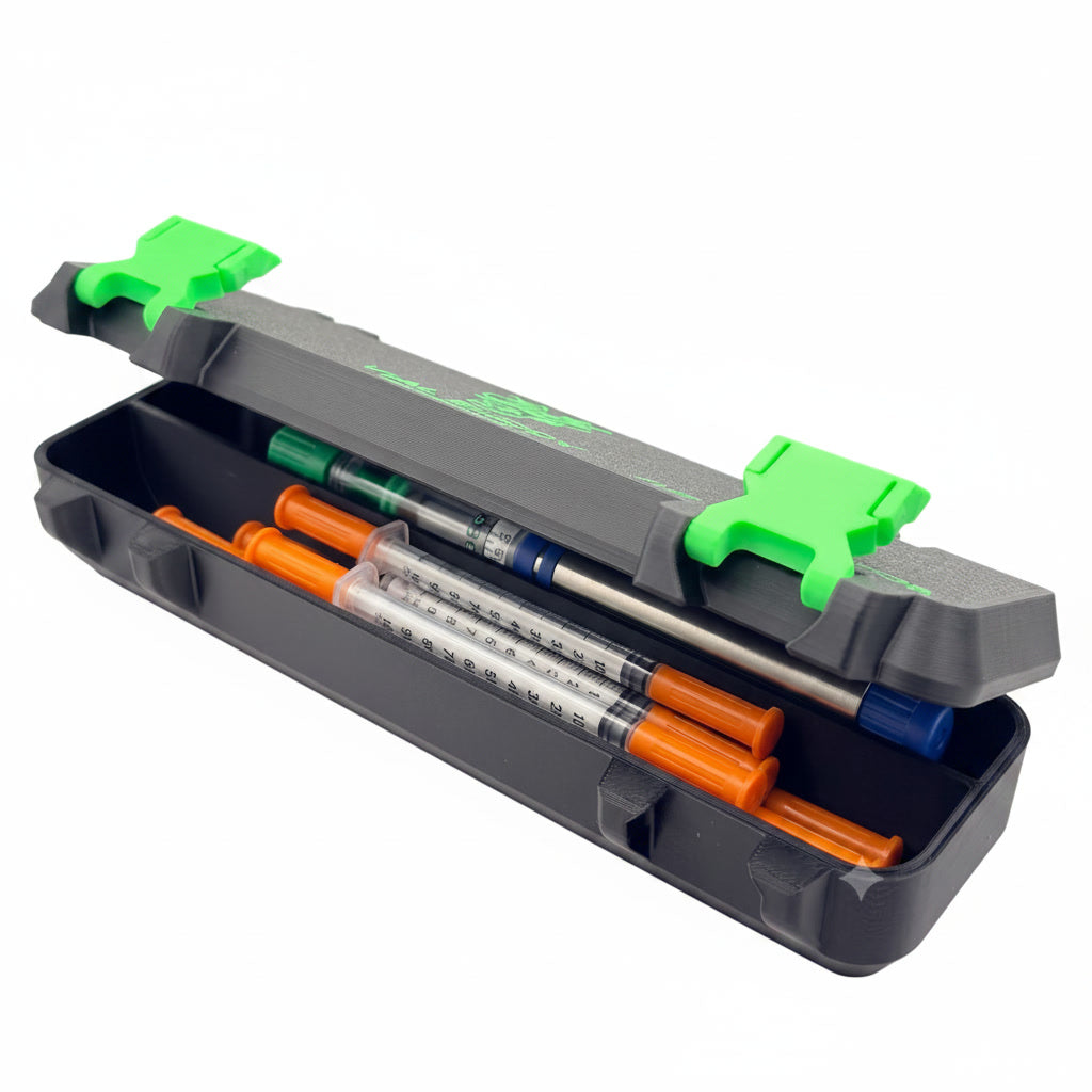 The Protector syringe storage case, open, showing organised syringe slots