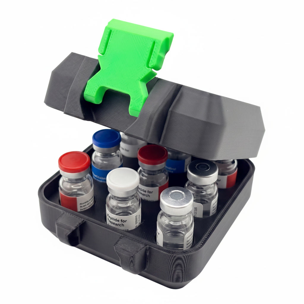 The Keeper vial holder, open, showing organised vial slots