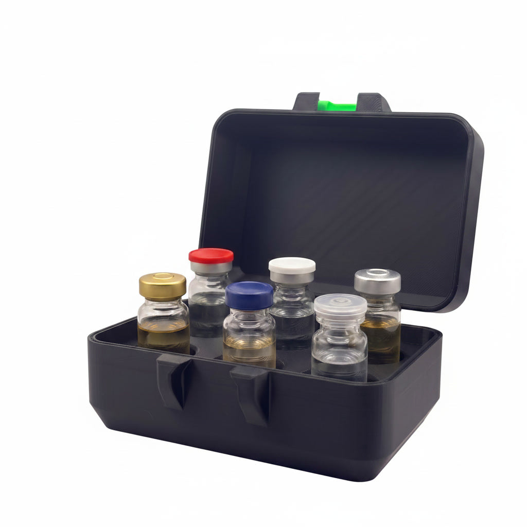The Keeper XL vial holder, open, showing organised vial slots